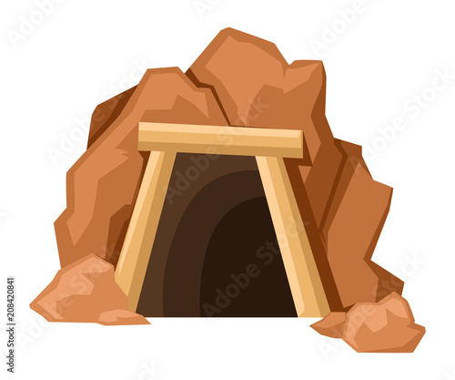 Cartoon mine entrance. Retro tunnel. Old mine in desert. Flat vector illustration isolated on white background