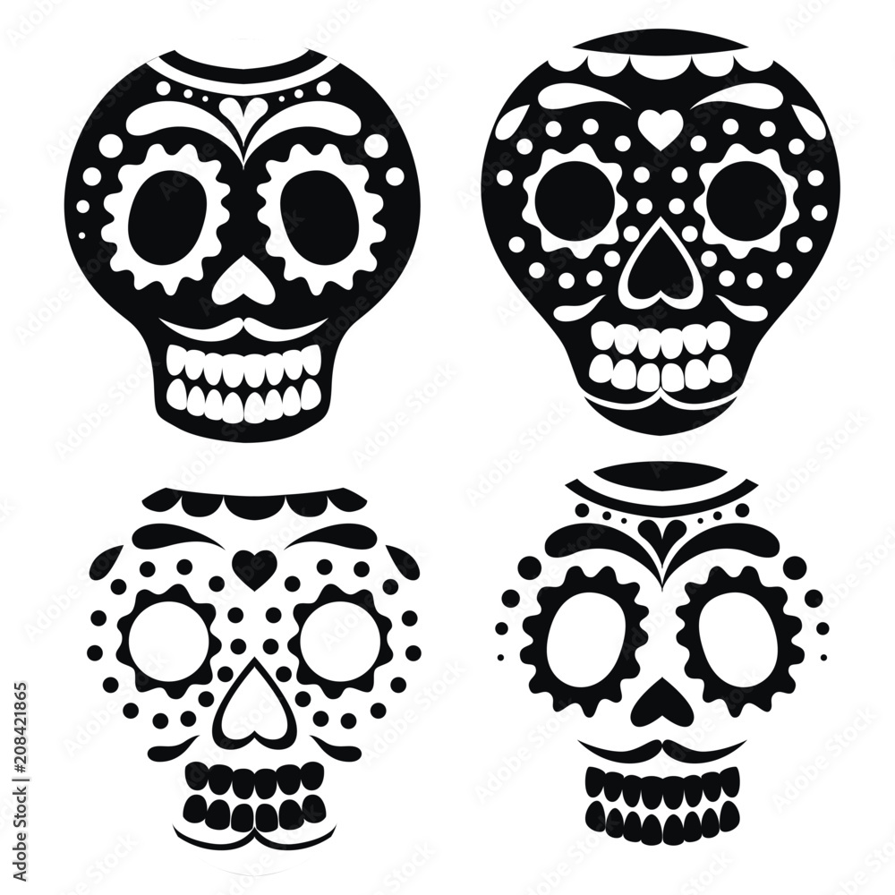 Obraz premium Black silhouette. Mexican skull mask collection. Day of The Dead skull, cartoon style. Sugar skull with floral element. Vector flat illustration isolated on white background