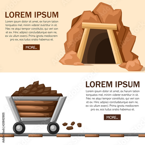 Cartoon mine entrance with full minecart on railway. Retro tunnel. Old mine in desert. Mining industry concept. Flat vector illustration on white and beige background. Web site page and app design