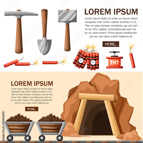 Cartoon mine entrance, and tools for mining and quarrying. Retro tunnel. Mining company concept. Old mine. Flat vector illustration. Web site page and mobile app design. Place for text