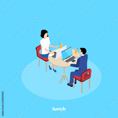 man and woman in a business suit at a round table with a laptop and a glass of juice, isometric image