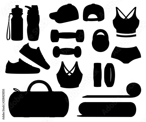 Black silhouette. Set of sports accessories and clothes. Women outfits. Icons for classes in the gym. Vector illustration isolated on white background
