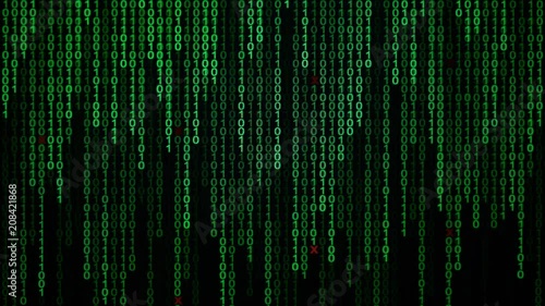 Binary code black and green background with digits moving on screen, Concept of digital age. Algorithm binary, data code, decryption and encoding, row matrix background.