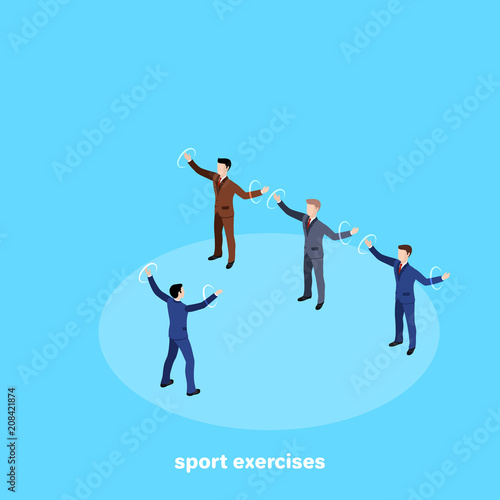 Men in business suits together perform sports exercises, isometric image