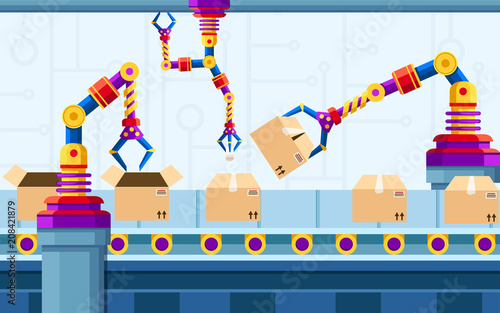 Industrial automation. Robotic arm technology at assembly line. Automated robot arms. Robotic conveyor belt for packaging of products in cardboard boxes. Vector illustration