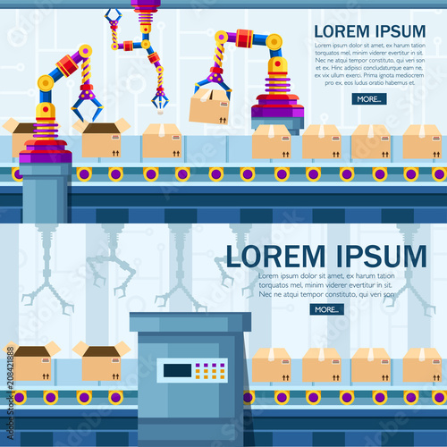 Industrial automation. Robotic arm technology at assembly line. Automated arms. Robotic conveyor belt for packaging of products in cardboard boxes. Vector illustration. Web site page and app design