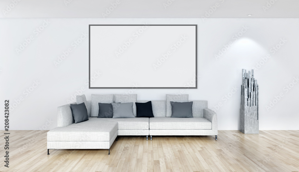 Modern bright interiors apartment with mockup poster frame 3D rendering illustration Modern bright interiors apartment with mockup poster frame 3D rendering illustration