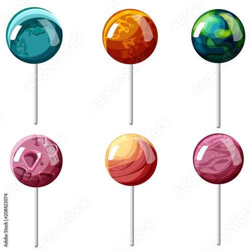 Colorful lollipops in shape of planets isolated on white.