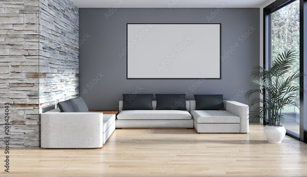 Modern bright interiors apartment with mockup poster frame 3D rendering illustration Modern bright interiors apartment with mockup poster frame 3D rendering illustration