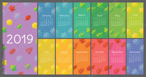 Calendar 2019 colorful. Flat icons. Leaf, flower, snowflake. Color vector template. Ready calender.