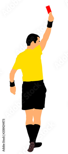 Soccer referee shows red card vector illustration isolated. Football judge red card full length portrait. Football referee showing red card penalty. Arbiter punish soccer player. Russia 2018, training