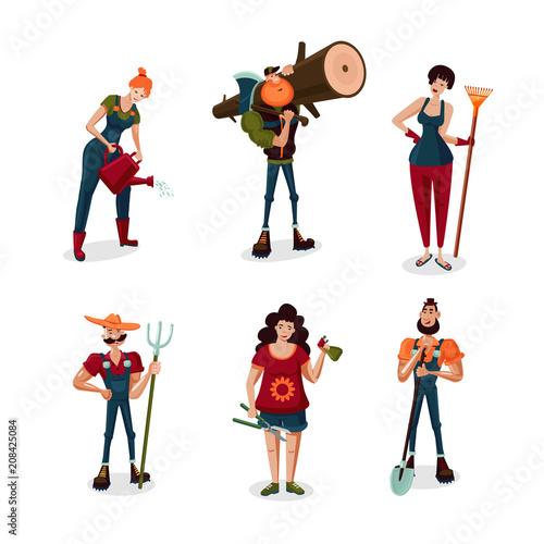 Garden workers male and female cartoon characters set. Farmer people icons collection. Flat style.