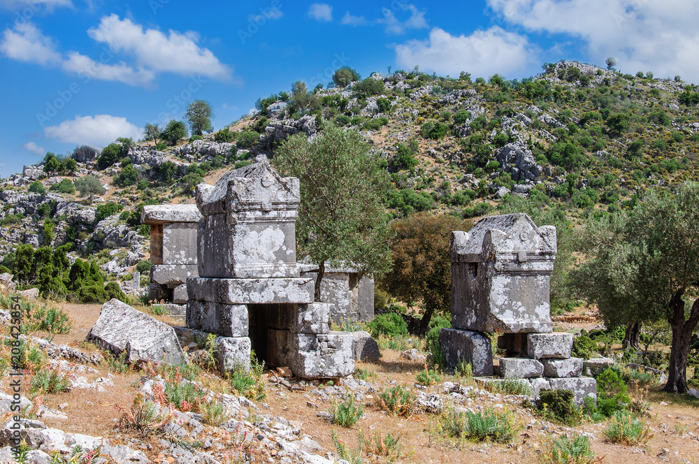 Ruins of ancient tombs in Sidyma lycian way,Turkey