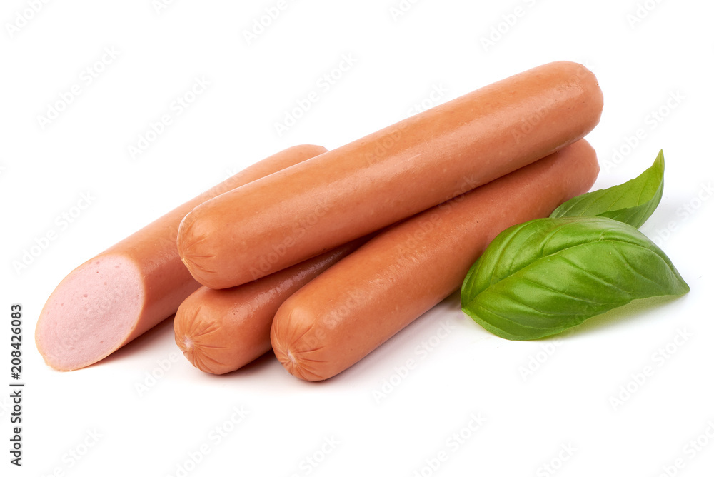 Fresh boiled sausages with basil, isolated on white background. Fresh boiled sausages with basil, isolated on white background.