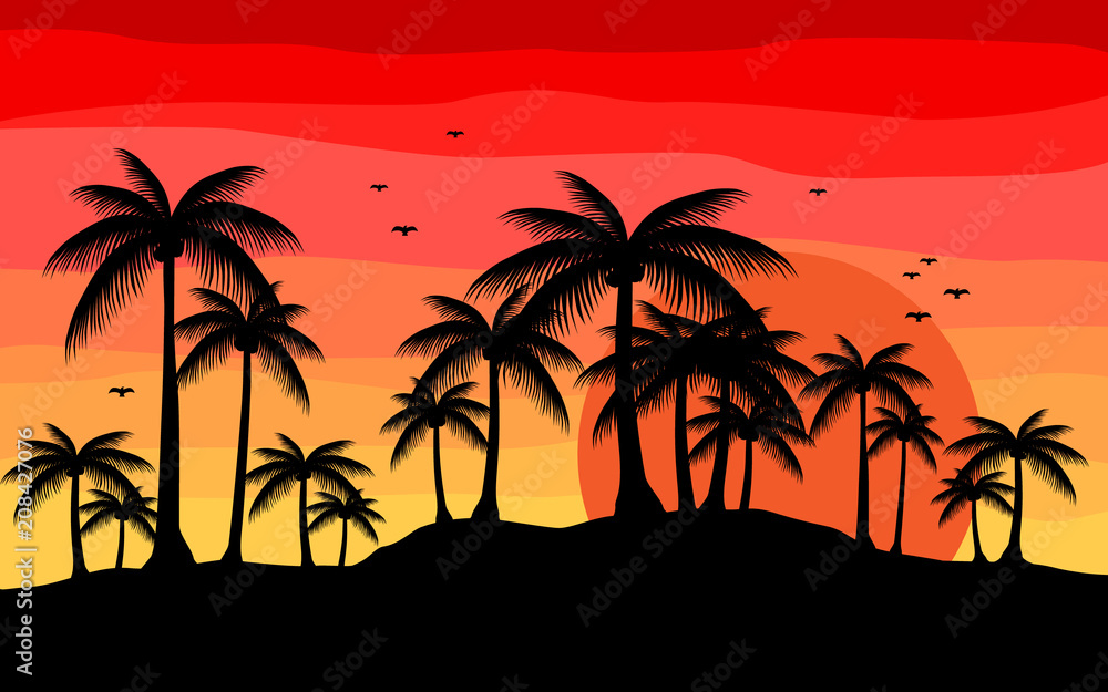 creative background with silhouette palm in sunset 