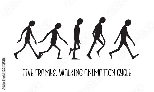 Walking animation cycle of a silhouette man, 5 framed. Frame by frame concept.