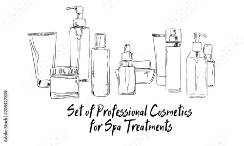 set of professional cosmetics for spa treatments drawn handle by hand illustration, sketch of cosmetics