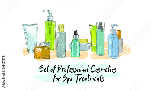 set of professional cosmetics for spa treatments drawn handle by hand illustration, sketch of cosmetics