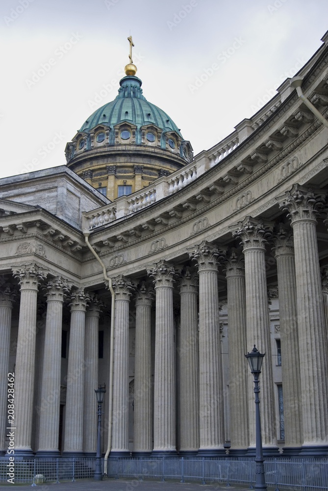 Kazan Icon cathedral. Old architecture of historical city center of Saint-Petersburg, Russia. Color photo.
