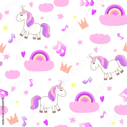 unicorn, magic sky and rainbow seamless pattern
