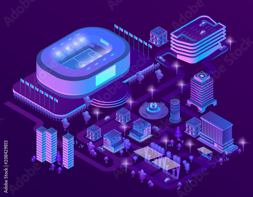 Vector 3d isometric megapolis with stadium. Sport arena in city in violet colors. Collection of skyscrapers, buildings with ultraviolet lighting. Streets with traffic - cars, automobiles