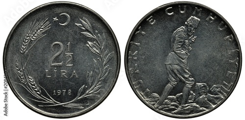 Turkey Turkish coin 2-1/2 lira 1978, face value and date flanked by ears and laurel branch, Mustafa Kemal thinking,