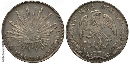 Mexico Mexican silver coin 1 one peso 1886, Phrygian cap with sign Liberty and diverging rays, eagle on cactus catching snake, 
