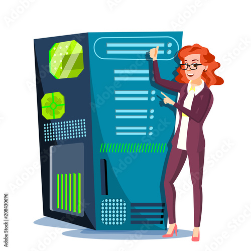 Data Center Vector. Hosting Server And Woman. Storage Cloud. Network And Database Support. Isolated Flat Cartoon Illustration