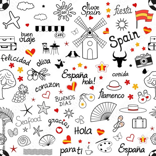 Seamless pattern with set of spanish hand drawn design elements