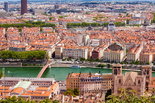 Top view of Lyon cityscape with the Saone river