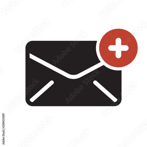 Envelope icon, multimedia icon with add sign. Envelope icon and new, plus, positive symbol