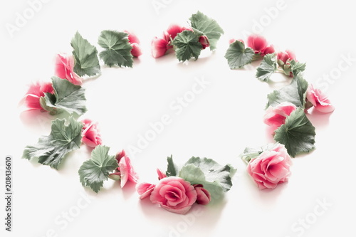 Flowers composition. Wreath made of light pastel pink flowers on white background. Flat lay, top view, copy space 