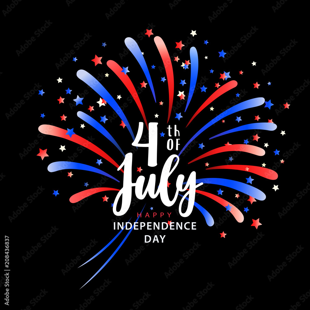 Happy Independence day design with fireworks. Isolated on black. 4 of July  USA greeting card. Vector card design. Fireworks on night. Greeting badge,  emblem, card, poster, Design element. Stock Vector | Adobe Stock