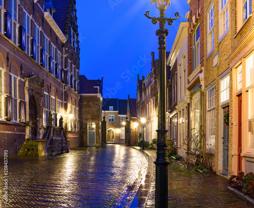 Street of Dordrecht, Netherlands during the evening dark blue sky in winter