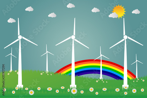 Wind turbines with sun clean energy with road eco-friendly concept ideas.vector illustration