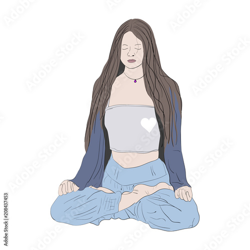Meditating girl in lotus position. Vector illustration.