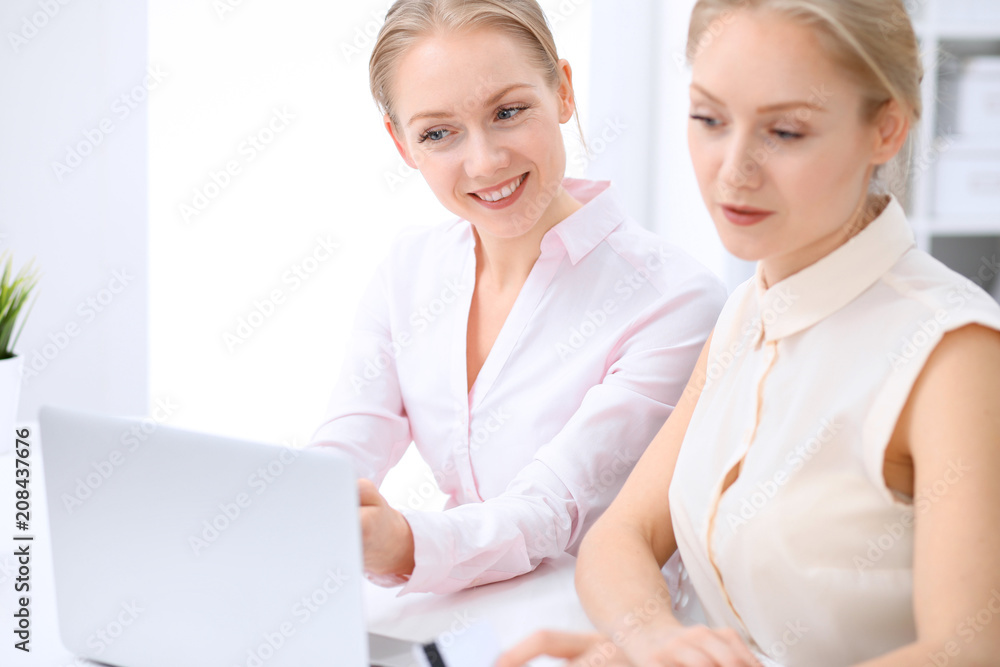Two business women or colleagues discussing something in office. Audit, tax or lawyer concept Two business women or colleagues discussing something in office. Audit, tax or lawyer concept