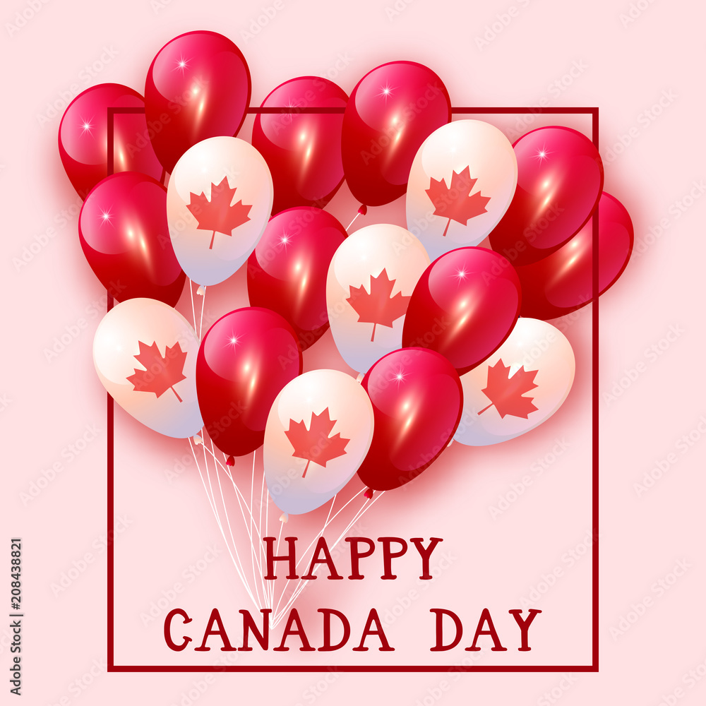 Background with balloons in national colors of the Canada. Vector card for Canada Day. Red and white balloons with maple leaves. Happy Canada Day. Canadian design