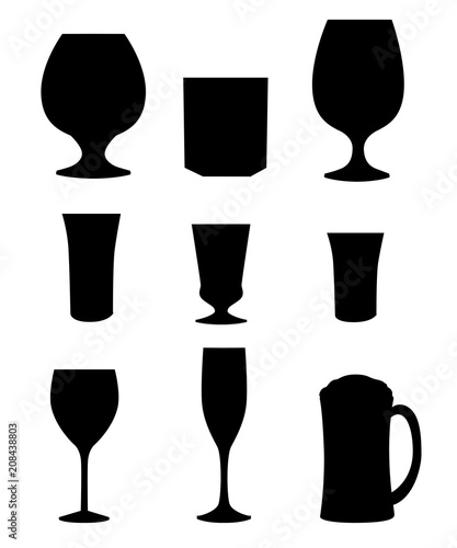 Black silhouette. Set of glasses, mugs and cups. Vector illustration isolated on white background