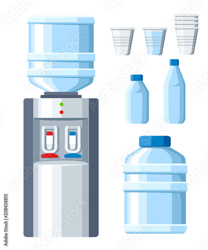 Water cooler. Refreshment and bottle office, plastic and liquid. Transparent disposable cups with big and small water bottle. Vector illustration isolated on white background