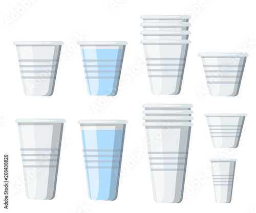 Set of plastic cups. Transparent disposable cups of different sizes. Empty glasses and with water. Vector illustration isolated on white background