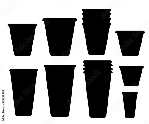 Black silhouette. Set of plastic cups. Transparent disposable cups of different sizes. Empty glasses and with water. Vector illustration isolated on white background