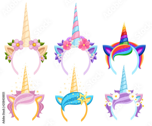 Set of Unicorn tiaras with flowers and leaf. Vector fashion accessory headband. Head band with rainbow style. Vector illustration isolated on white background