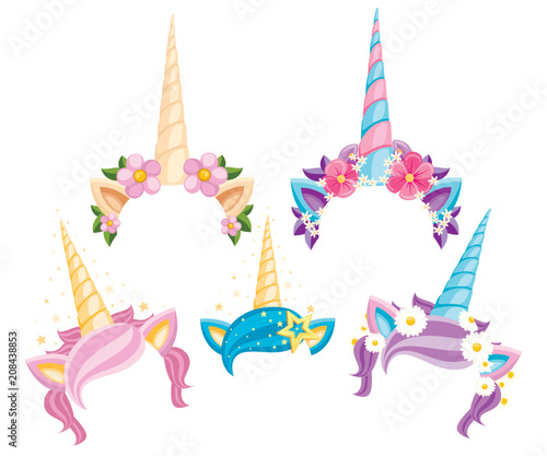 Collection of Unicorn tiaras with flowers and leaf. Vector fashion accessory headband. Vector illustration isolated on white background
