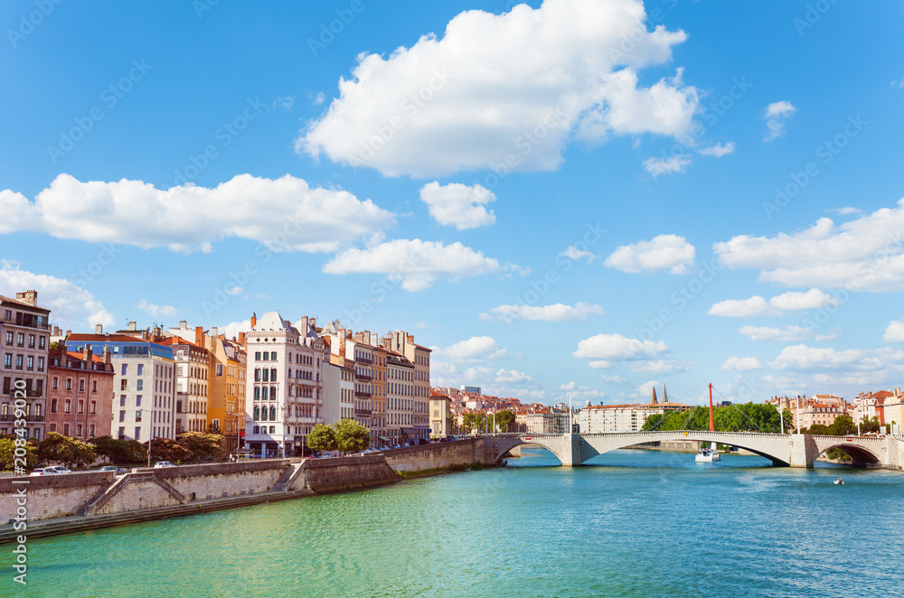 Lyon quay with Pont Bonaparte across Saone river