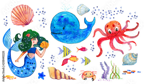 Sealife children watercolor hand drawn stylized isolated set wit