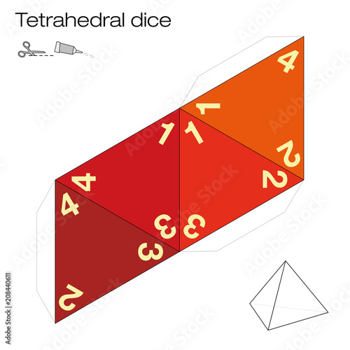 Tetrahedron template, four sided tetrahedral dice - one of the five platonic solids - make a 3d item with out of the net and play dice. Illustration on white background.