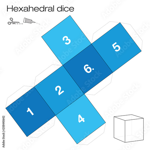 Hexahedron template, hexahedral dice - one of the five platonic solids - make a 3d item with six sides out of the net and play dice. Illustration on white background.