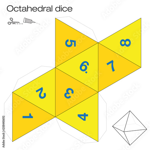 Octahedron template, octahedral dice - one of the five platonic solids - make a 3d item with eight sides out of the net and play dice. Illustration on white background.