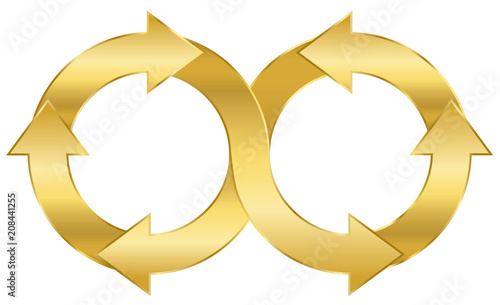 Infinity symbol, golden arrow circuit. Illustration on white background.
